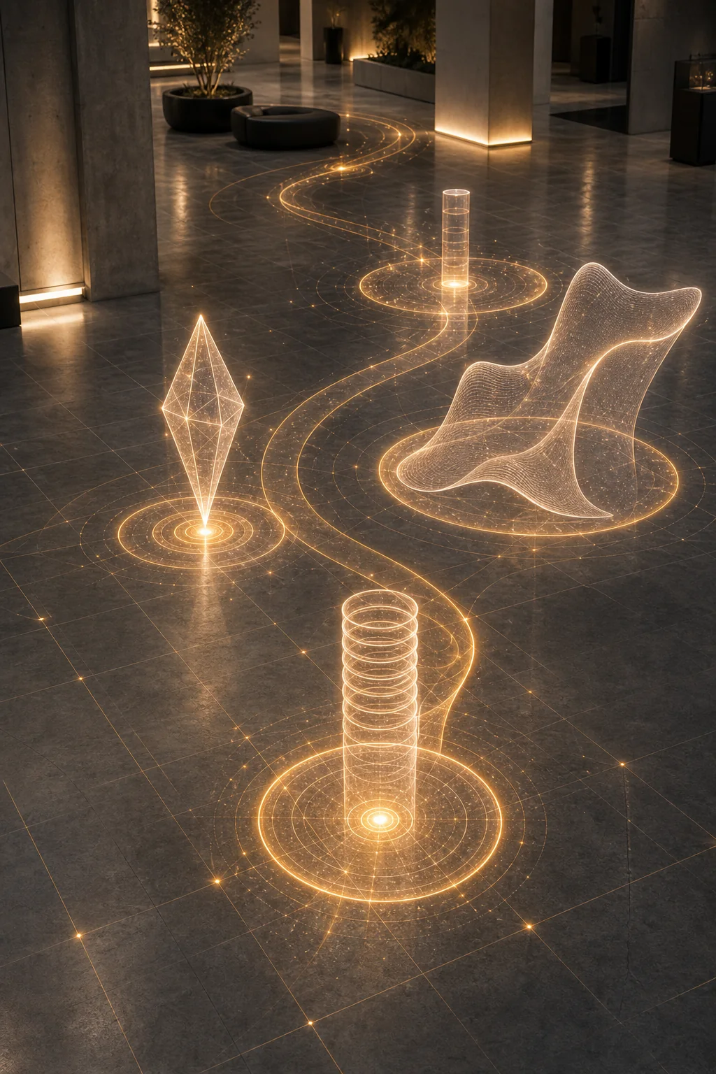 Floor-based AR installation with interactive light paths.
