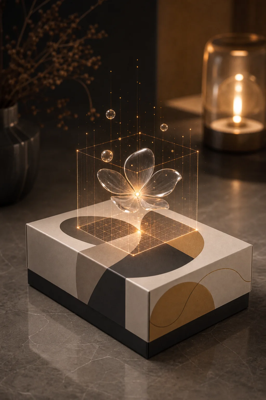 Packaging with an augmented reality object rising from it.