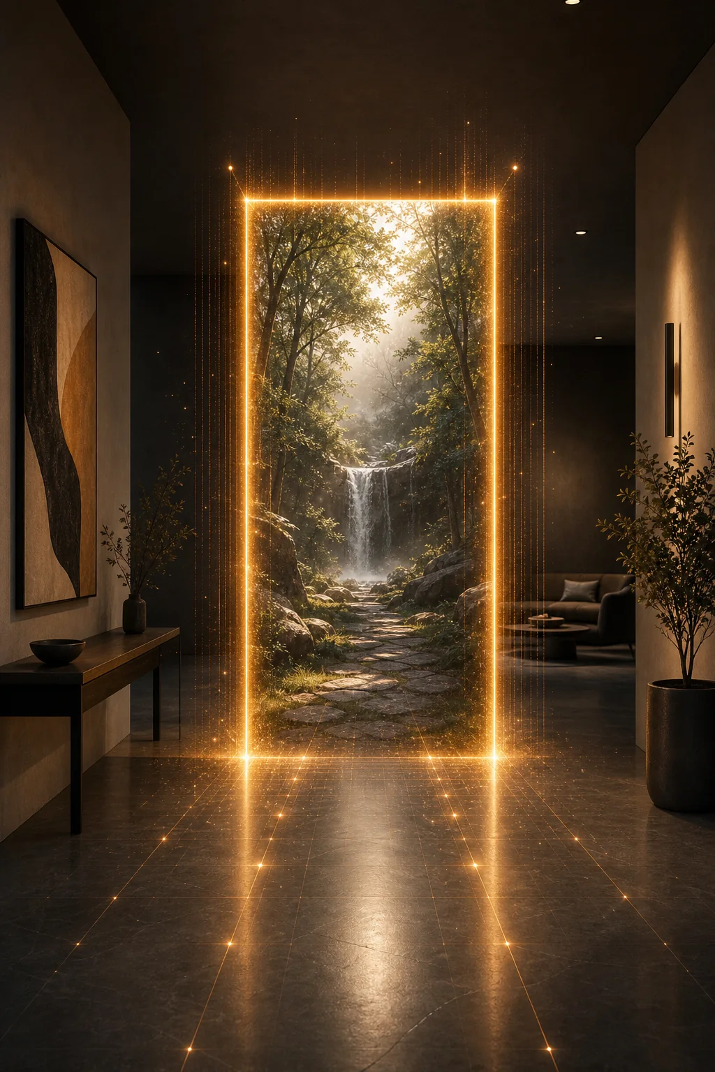 Augmented reality portal opening inside a gallery space.