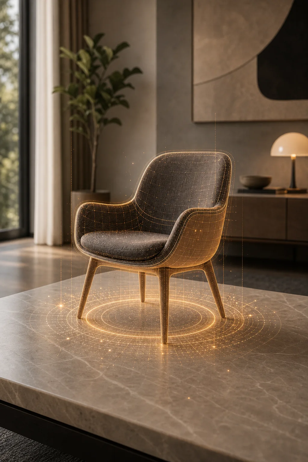 AR product viewer anchored in a modern room.