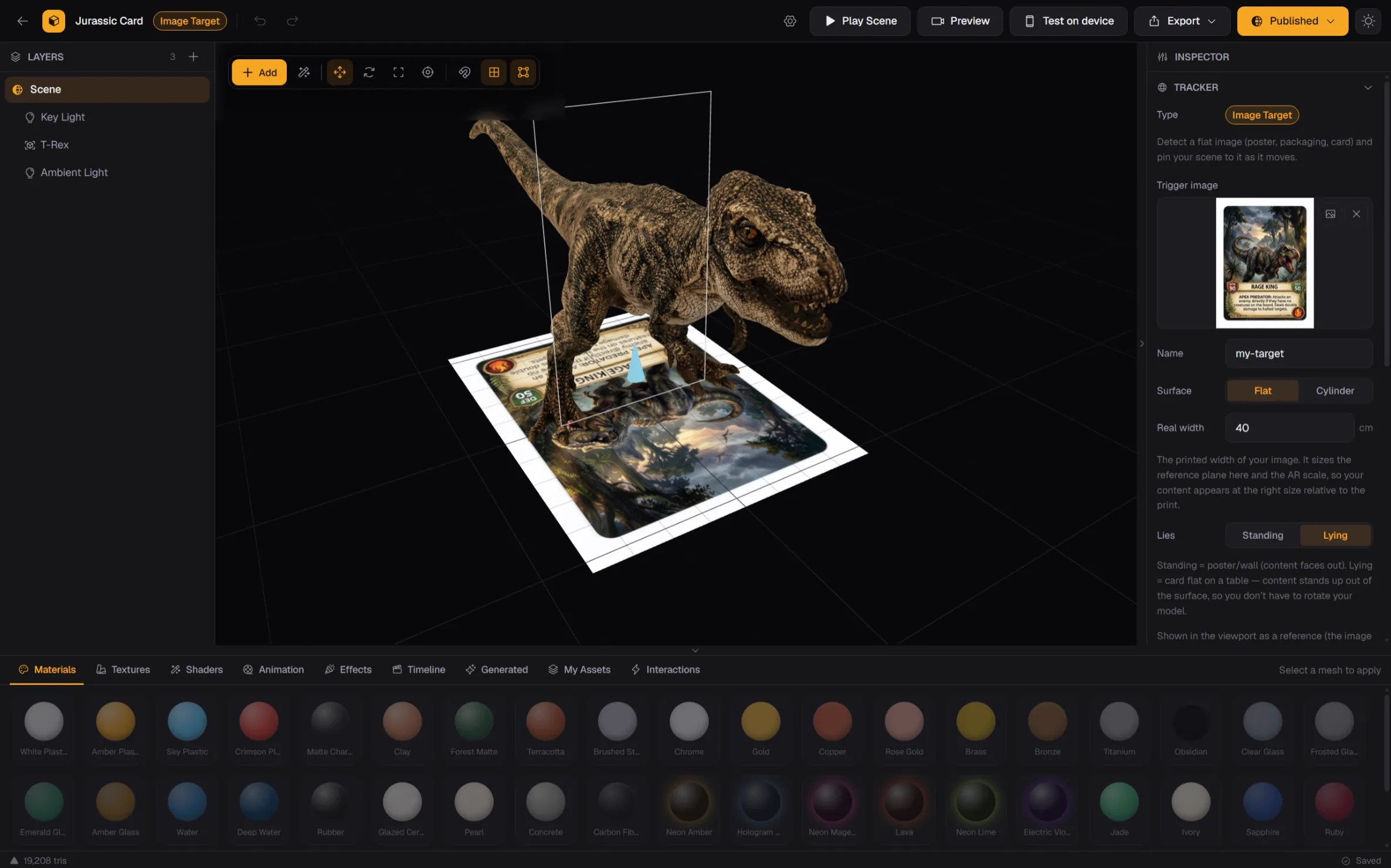Rastreamento de imagem — um T-Rex 3D ancorado em uma carta impressa.